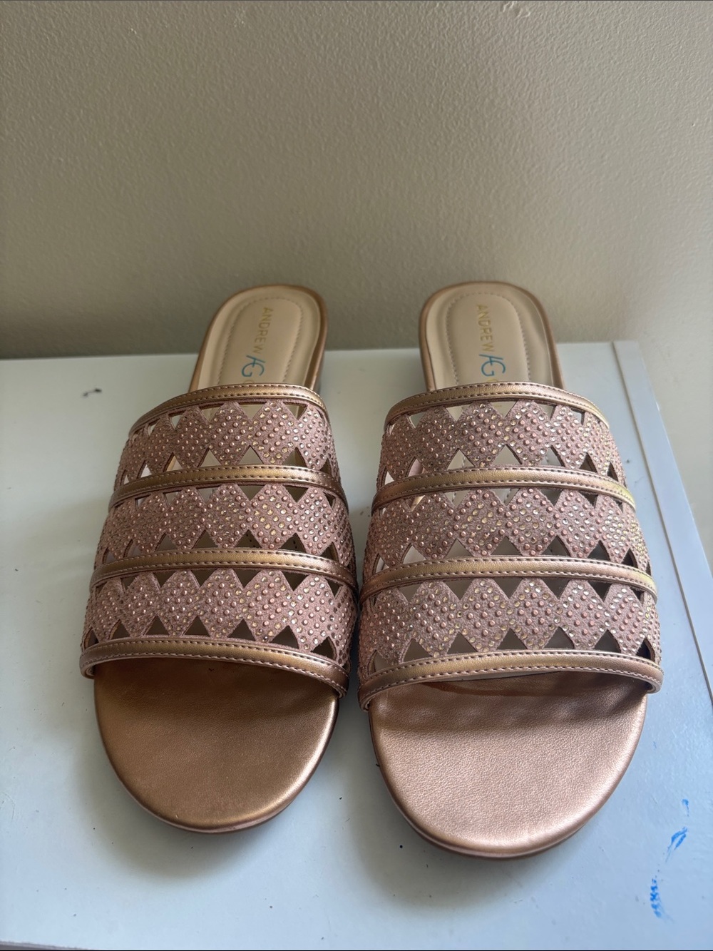 Andrew Geller Rose Gold Embellished Slide Mules
